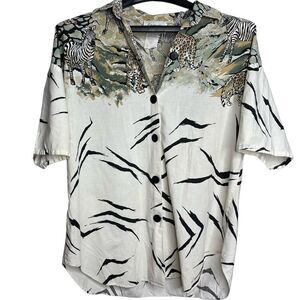 Vtg Carolina Connections Shirt Top 14 Plus Zebra Print Button Up Safari Animals